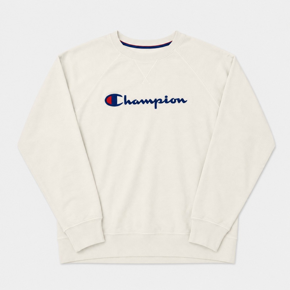 Champion Sweatshirt Mens Small Cream White Script Logo Crewneck Pullover